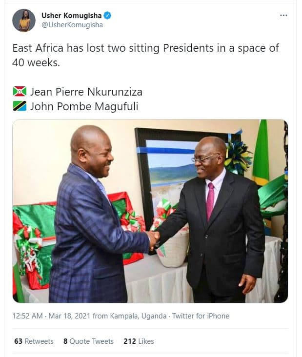 Usher komugisha usherkomugisha east africa has lost two sitting presidents in a