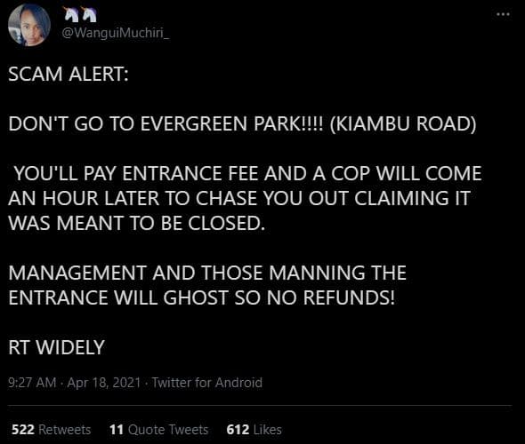 Wanguimuchiri scam alert dont go to evergreen parki!!! kiambu road you'll pay en