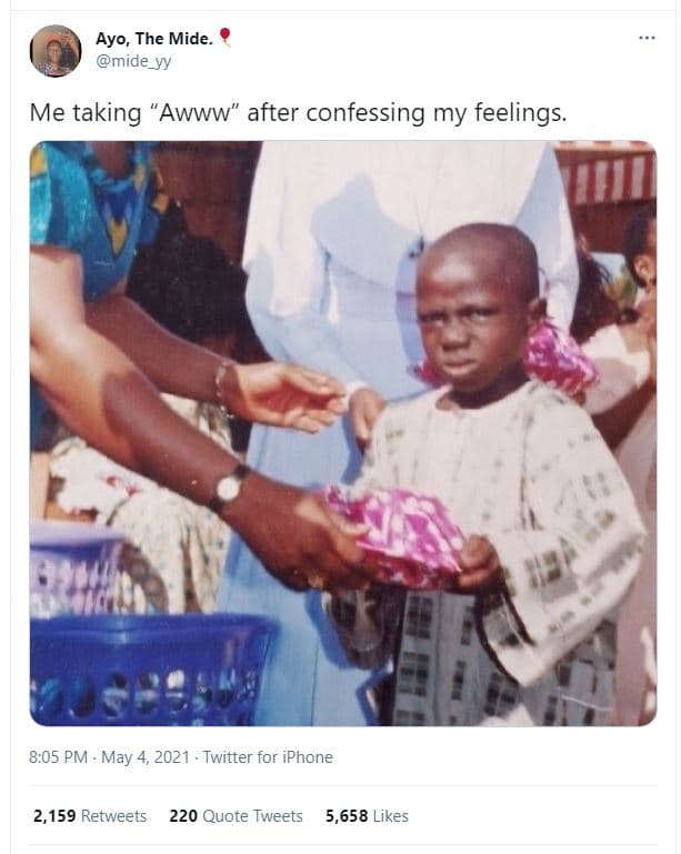 Ayo, the mide mide_yy me taking awww after confessing my feelings. 8.05 pm may 4