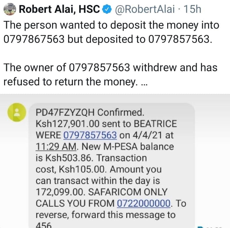 Robert alai, hsc robertalai 15h the person wanted to deposit the money into but