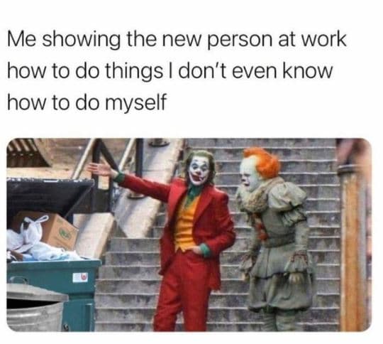 Me showing the new person at work how to do things i don't even know how to do m
