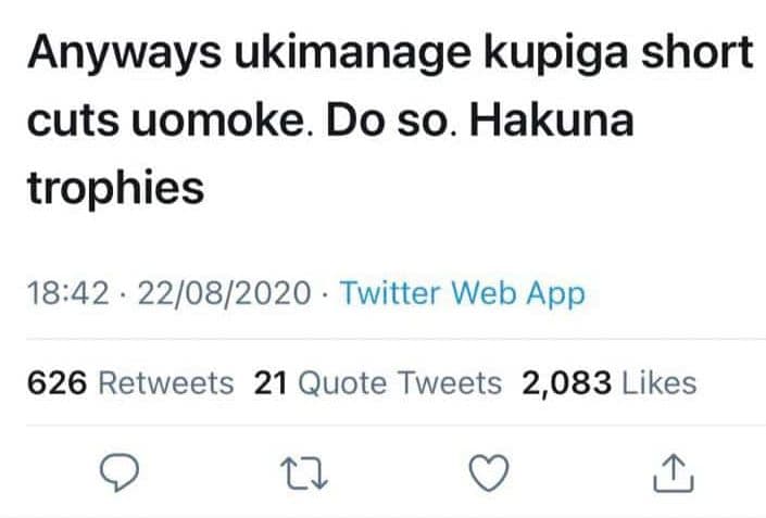 Anyways ukimanage kupiga short cuts uomoke. do so. hakuna trophies 1842 2208 twi