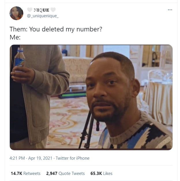 Nique uniquenique them you deleted my number? me 4.21 pm . apr 19, twitter for i