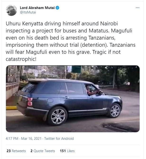 Lord abraham mutai itsmutai uhuru kenyatta driving himself around nairobi inspec