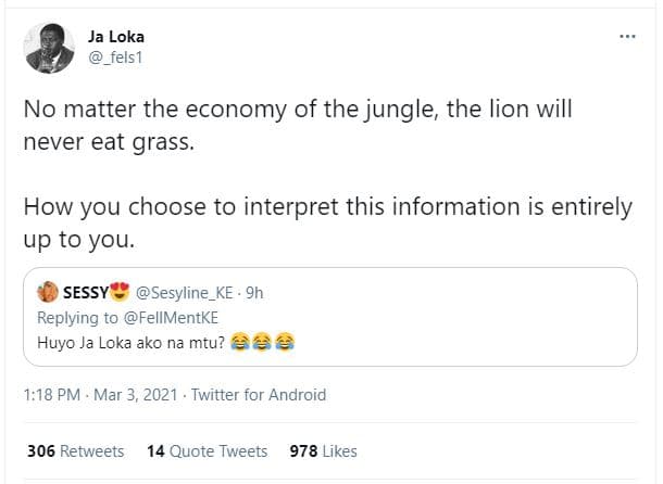 Ja loka fels1 no matter the economy of the jungle the lion will never eat grass.