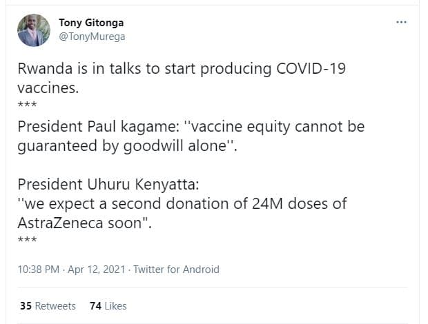 Tony gitonga tonymurega rwanda is in talks to start producing covid19 vaccines x