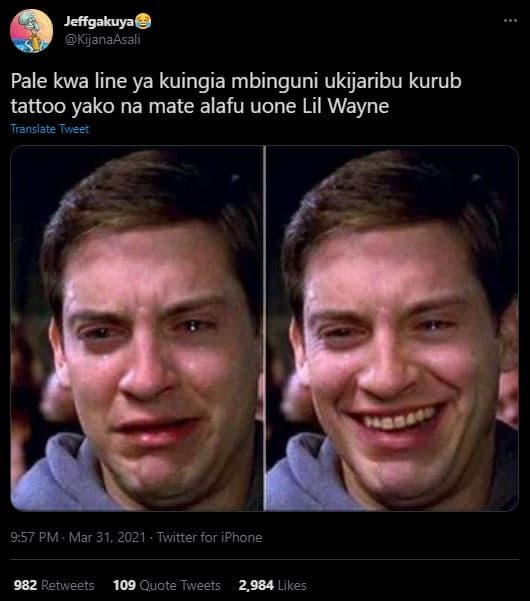 Jeffgakuya kijanaasali pale kwa line ya kuingia mbinguni ukijaribu kurub tattoo