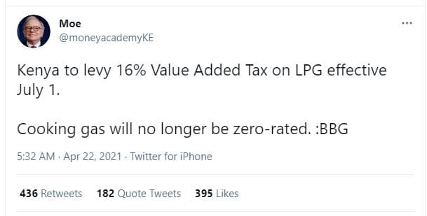 Moe moneyacademyke kenya to levy 16 value added tax on lpg effective july 1. coo