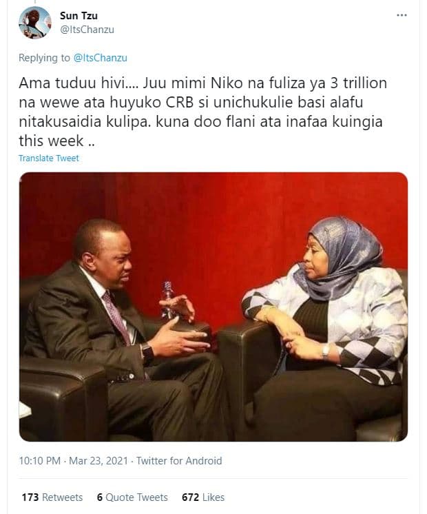 Sun tzu itschanzu replying to itschanzu ama tuduu hivi. juu mimi niko na fuliza