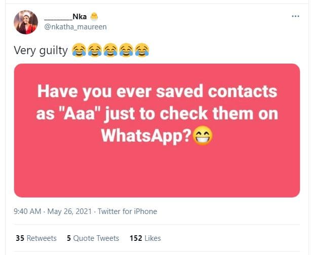 Nka nkatha_maureen very guilty see have you ever saved contacts as aaa just to c