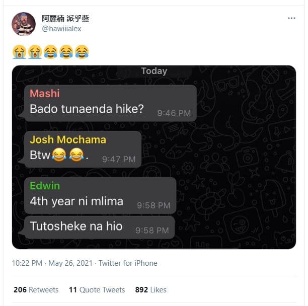 Qjvełfj ji4 hawilalex fh'66 today mashi bado tunaenda hike? 9,46 pm josh mochama