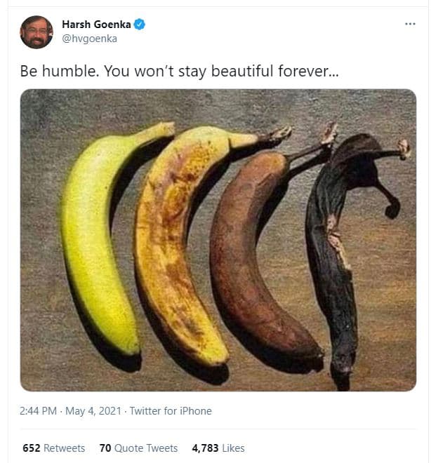 Harsh goenka hvgoenka be humble. you won't stay beautiful forever pm . may 4, tw