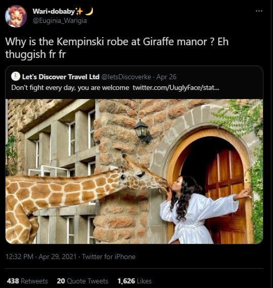 Wari dobaby euginia_warigia why is the kempinski robe at giraffe manor ? eh thug
