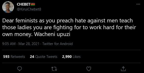 Chebet kiruichebet8 dear feminists as you preach hate against men teach those la