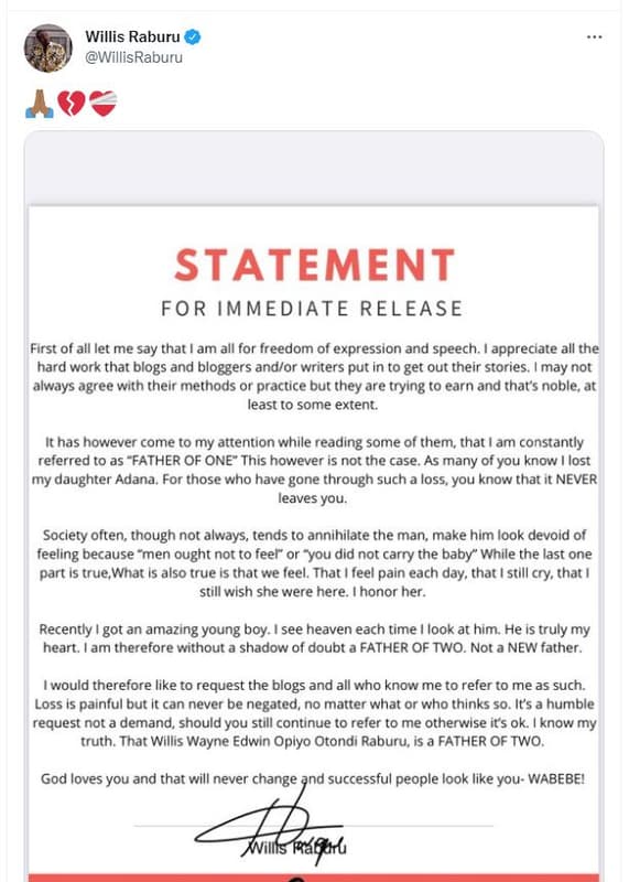 Willis raburu willisraburu statement for immediate release first of all let me s