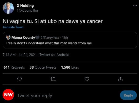 X holding xcouncillor ni vagina tu. si ati uko na dawa ya cancer translate tweet