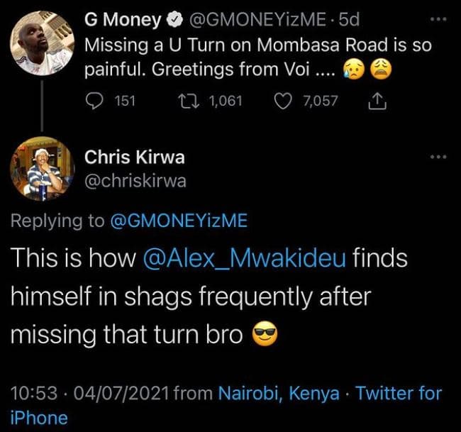 G money gmoneyizme . 5d missing a u turn on mombasa road is so painful. greeting