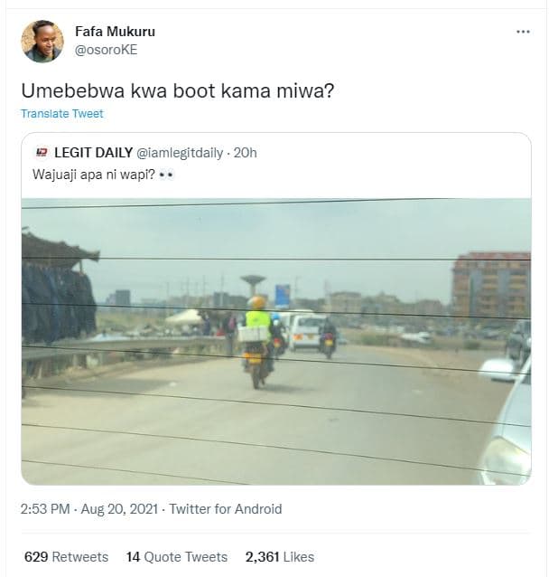 Fafa mukuru osoroke umebebwa kwa boot kama miwa? translate tweet legit daily iam