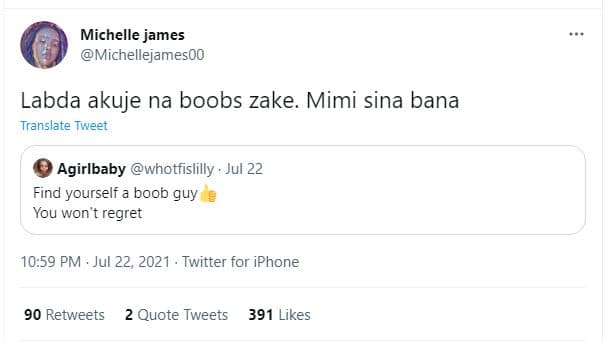 Michelle james michellejamesoo labda akuje na boobs zake. mimi sina bana transla