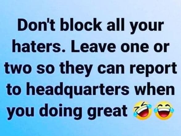 Don't block all your haters. leave one or two so they can report to headquarters