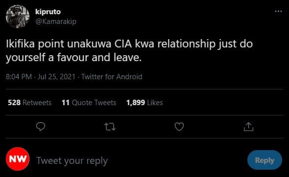 Kipruto kamarakip ikifika point unakuwa cia kwa relationship just do yourself a