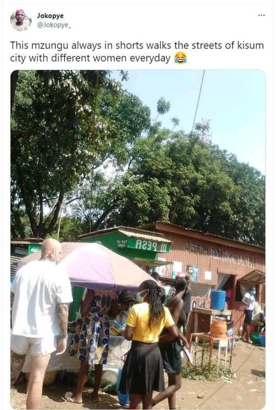 Jokopye jokopye this mzungu always in shorts walks the streets of kisum city wit