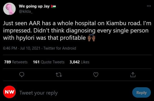 We going up jay kilda _ just seen aar has a whole hospital on kiambu road. i'm i