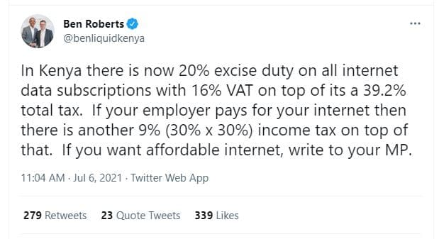 Ben roberts benliquidkenya in kenya there is now 20 excise duty on all internet