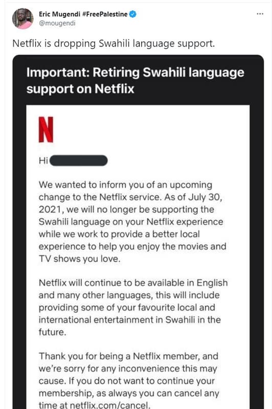 Eric mugendi freepalestine mougendi netflix is dropping swahili language support
