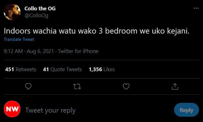 Collo the og colloog indoors wachia watu wako 3 bedroom we uko kejani. translate