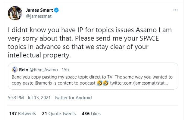 James smart jamessmat didnt know you have ip for topics issues asamo am very sor