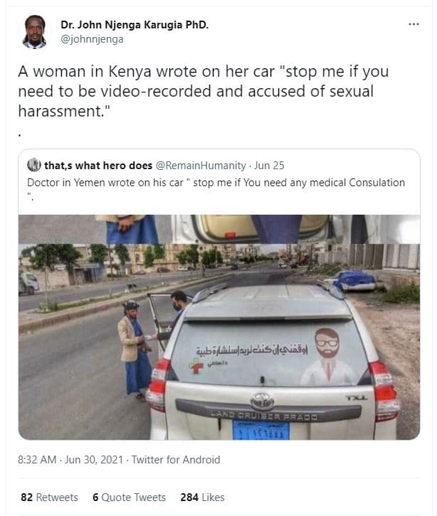 Dr. john njenga karugia phd. ohnnjenga woman in kenya wrote on her car 'stop me