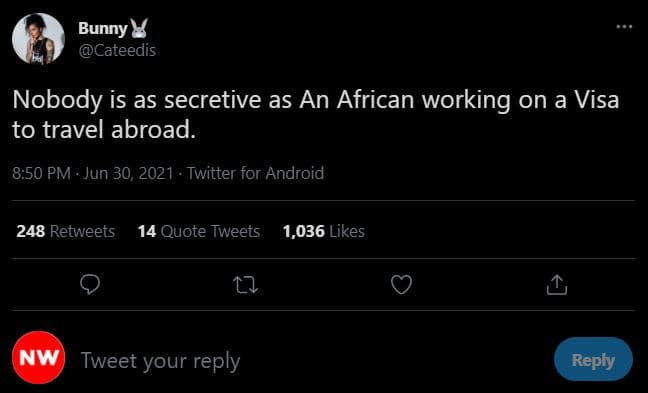 Bunny cateedis nobody is as secretive as an african working on a visa to travel
