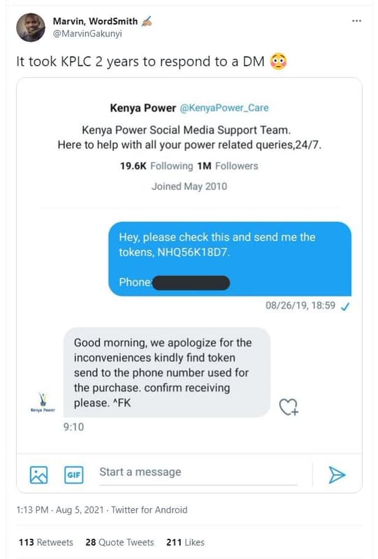 Marvin, wordsmith marvingakunyi it took kplc 2 years to respond to a dm kenya po