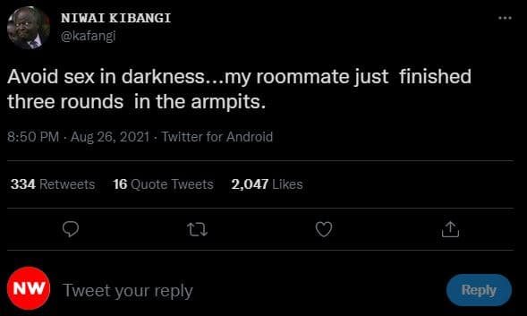 Niwai kibangi kafangi avoid sex in darkness. my roommate just finished three rou