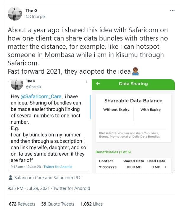 The g onorpik about a year ago i shared this idea with safaricom on how one clie