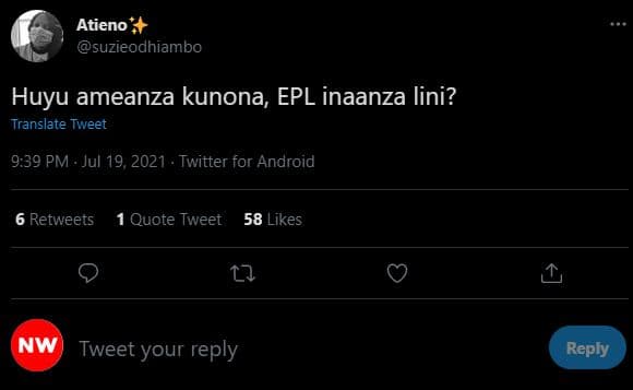 Atieno suzieodhiambo huyu ameanza kunona epl inaanza lini? translate tweet 9.39