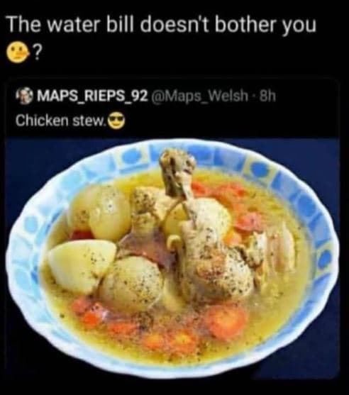 The water bill doesn't bother you maps_rieps_92 maps_welsh 8h chicken stew