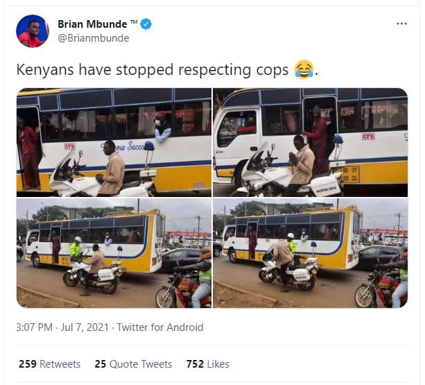 Brian mbunde brianmbunde kenyans have stopped respecting cops 3,07 pm jul 7, twi