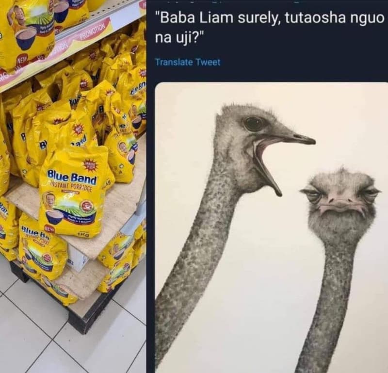 Baba liam surely tutaosha nguo na uji? translate tweet jvonon pro blue band erst