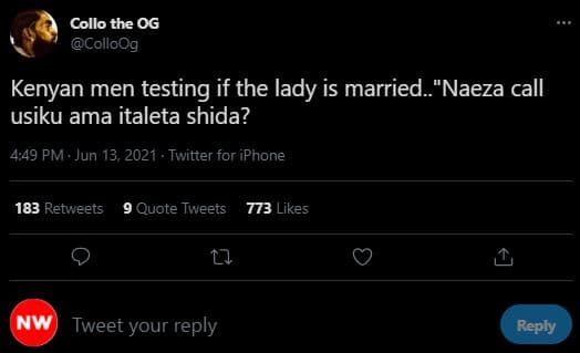 Collo the og colloog kenyan men testing if the lady is married. 'naeza call usik
