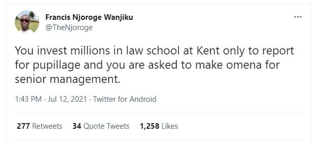 Francis njoroge wanjiku thenjoroge you invest millions in law school at kent onl