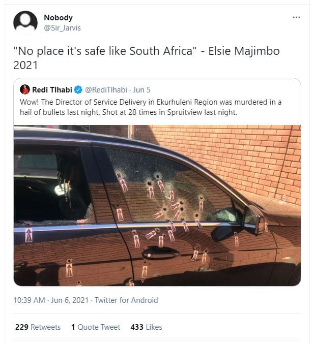 Nobody sir_jarvis no place it's safe like south africa elsie majimbo redi tlhabi