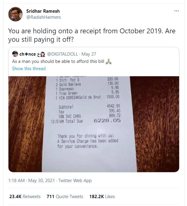 Sridhar ramesh radishharmers you are holding onto receipt from october . are you