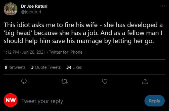 Dr joe ruturi oeruturı this idiot asks me to fire his wife she has developed a '