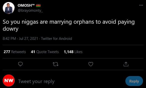 Omosh brayomonty so you niggas are marrying orphans to avoid paying dowry 8,42 p