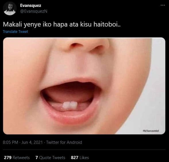 Evansquez evansquezn makali yenye iko hapa ata kisu haitoboi. translate tweet 8.