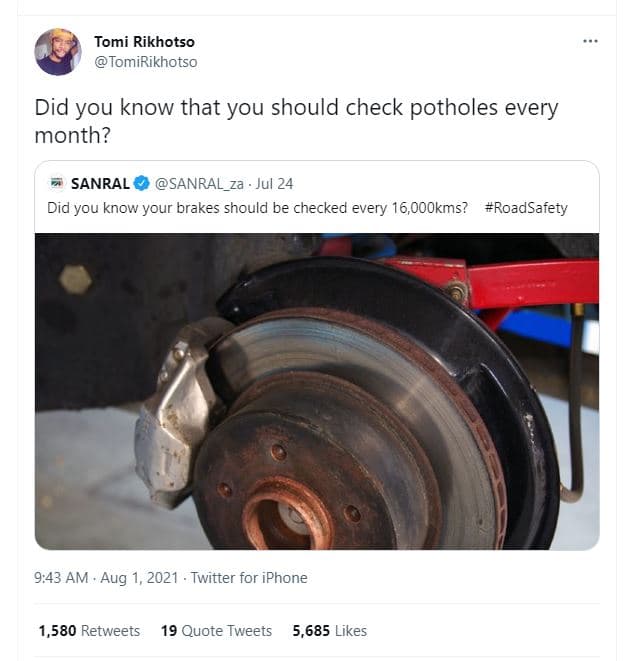 Tomi rikhotso tomirikhotso did you know that you should check potholes every mon
