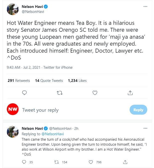 Nelson havi nelsonhavi hot water engineer means tea boy. it is a hilarious story