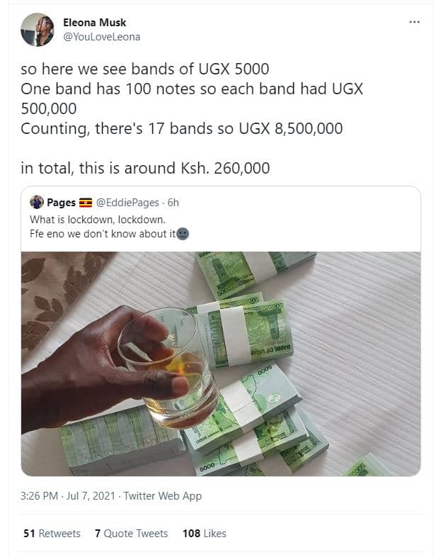 Eleona musk youloveleona so here we see bands of ugx one band has 100 notes so e